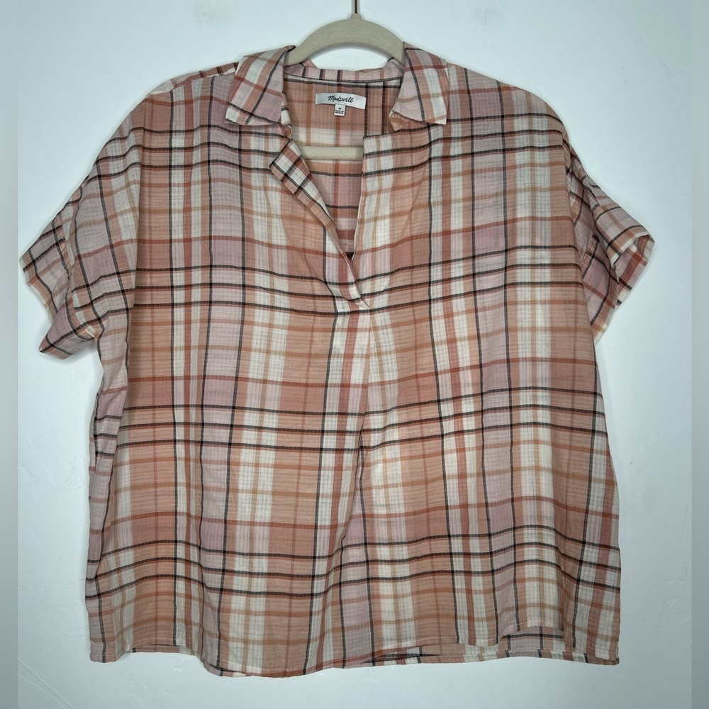 Madewell Park Popover Plaid Short Sleeve Shirt Size Medium Cotton Blend Office